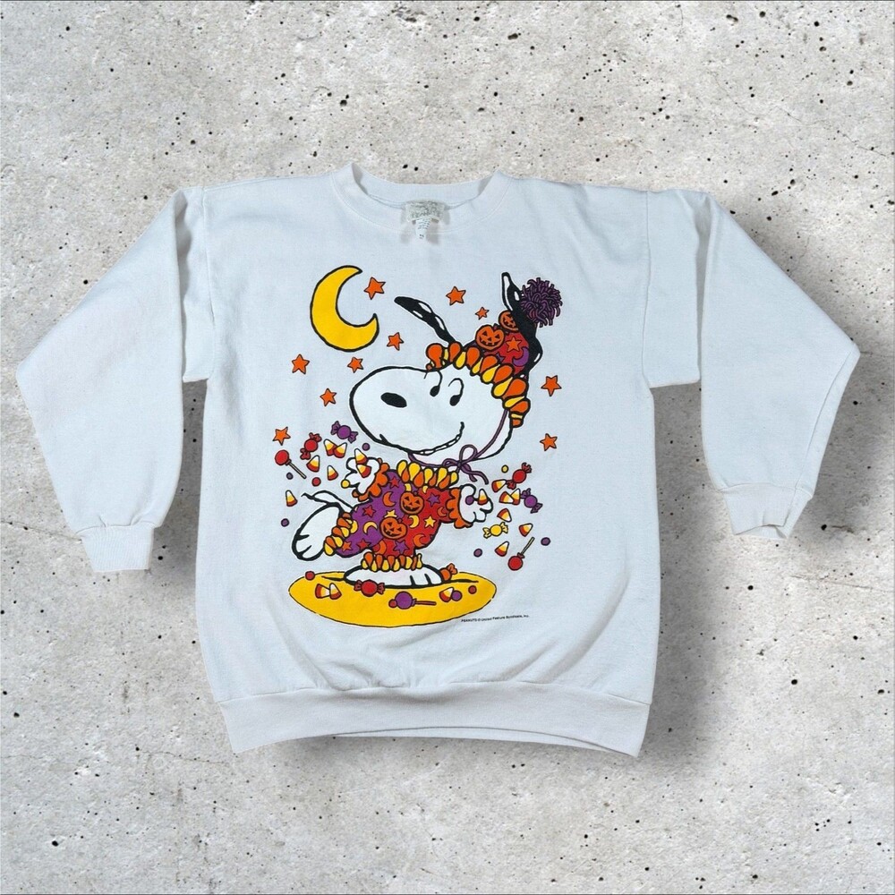 Vtg 90s Peanuts Snoopy Halloween Crewneck Sweatshirt XL White USA Made Candy